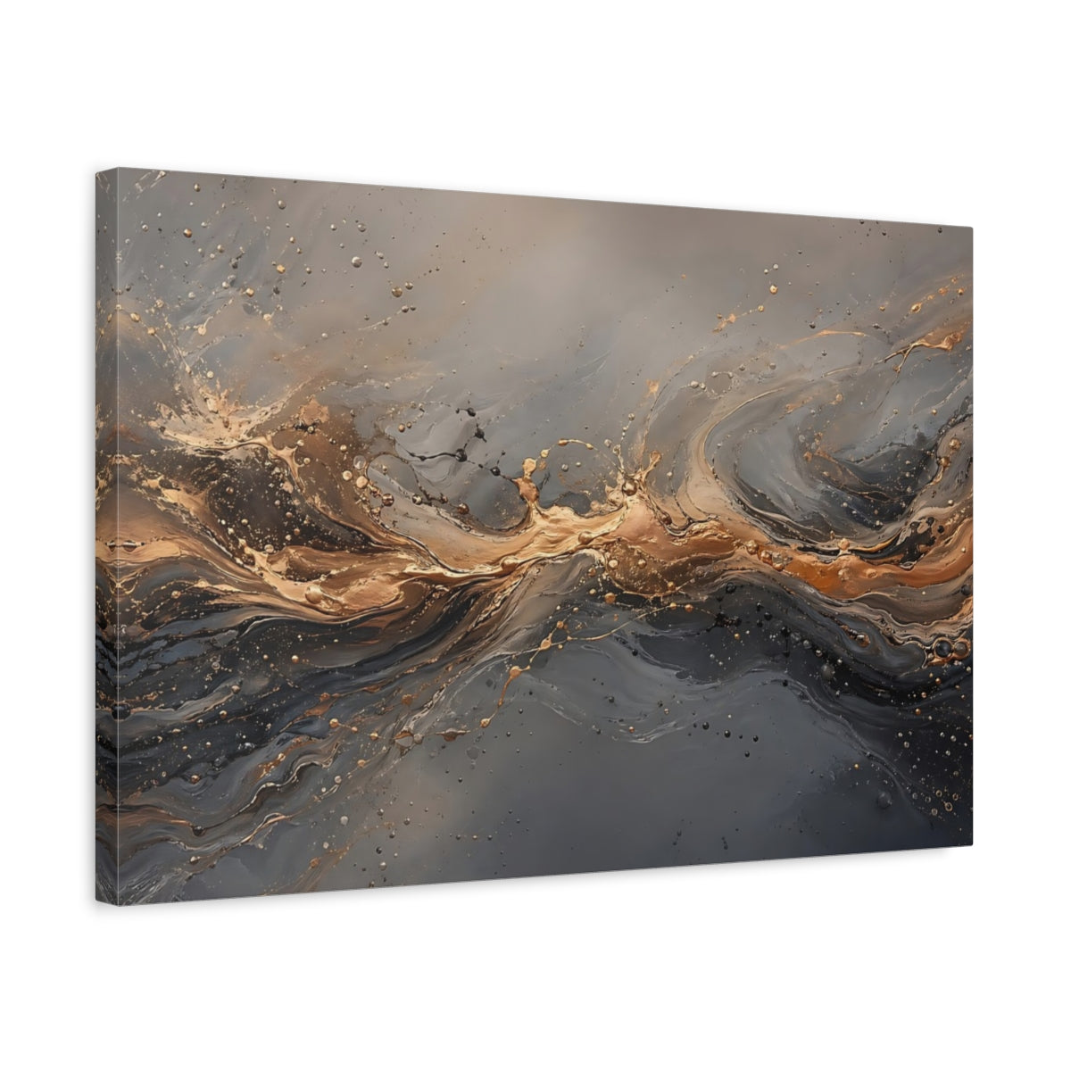 Side Mockup 3. Abstract Abstract Flow Gold And Gray shown as stretched canvas wall art