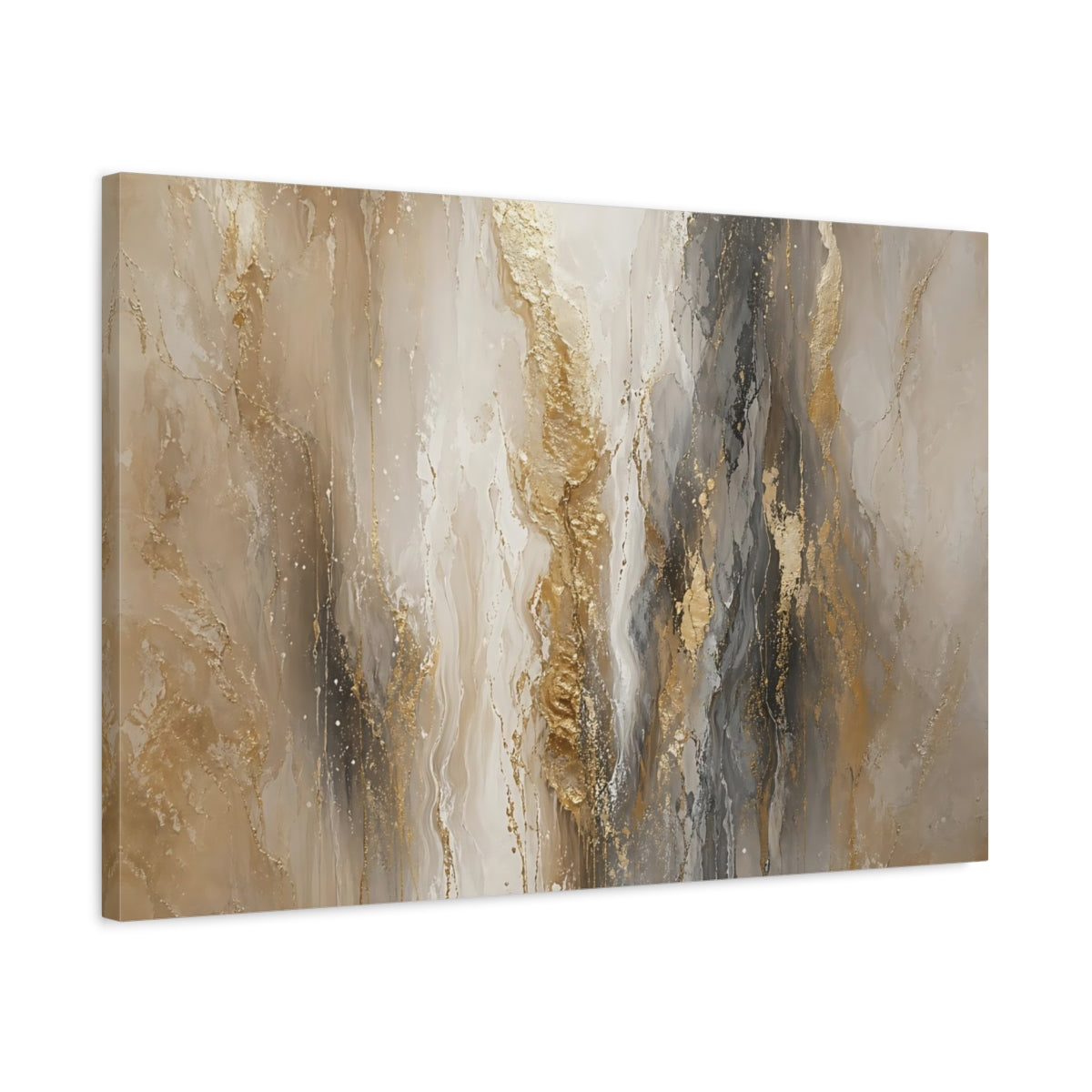 Side Mockup 2. Abstract Abstract Flow Gold And Grey Abstract shown as stretched canvas wall art