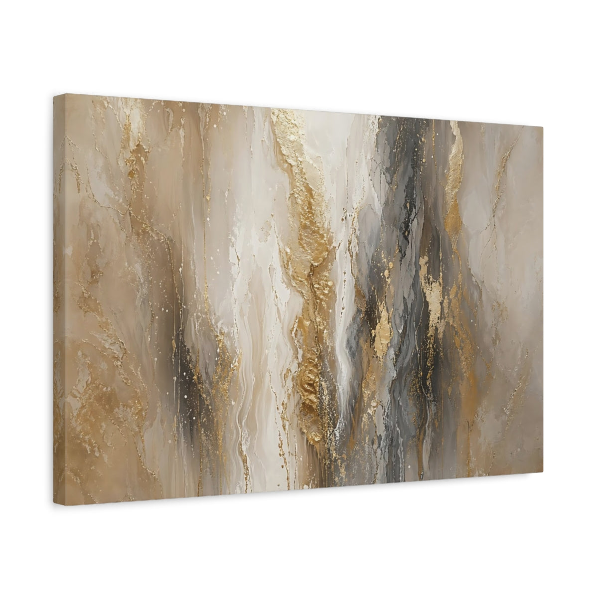 Side Mockup 3. Abstract Abstract Flow Gold And Grey Abstract shown as stretched canvas wall art