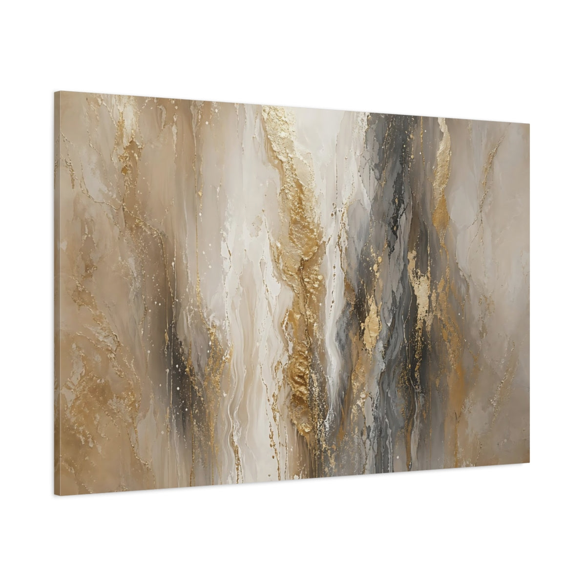 Side Mockup 1. Abstract Abstract Flow Gold And Grey Abstract shown as stretched canvas wall art