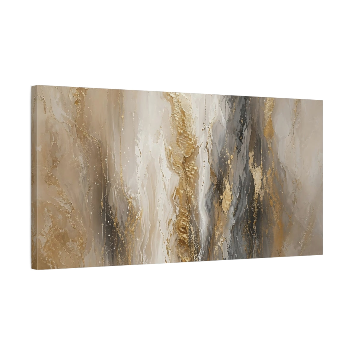Side Mockup 1. Abstract Abstract Flow Gold And Grey shown as stretched canvas wall art