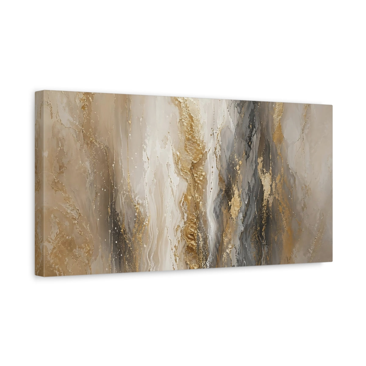 Side Mockup 3. Abstract Abstract Flow Gold And Grey shown as stretched canvas wall art