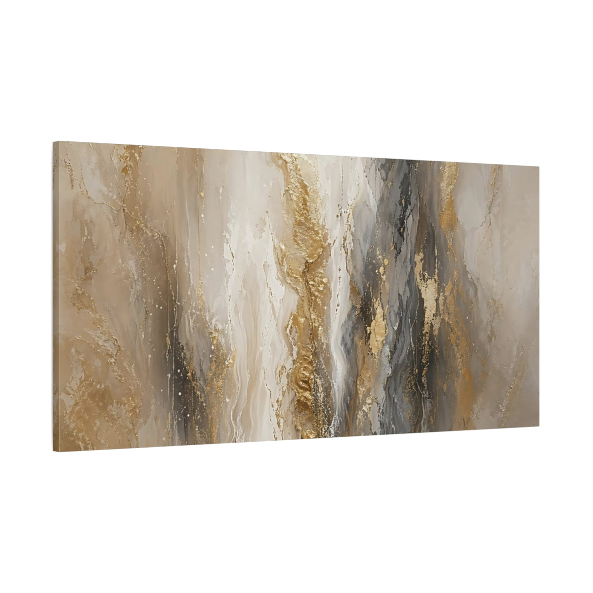 Side Mockup 2. Abstract Abstract Flow Gold And Grey shown as stretched canvas wall art