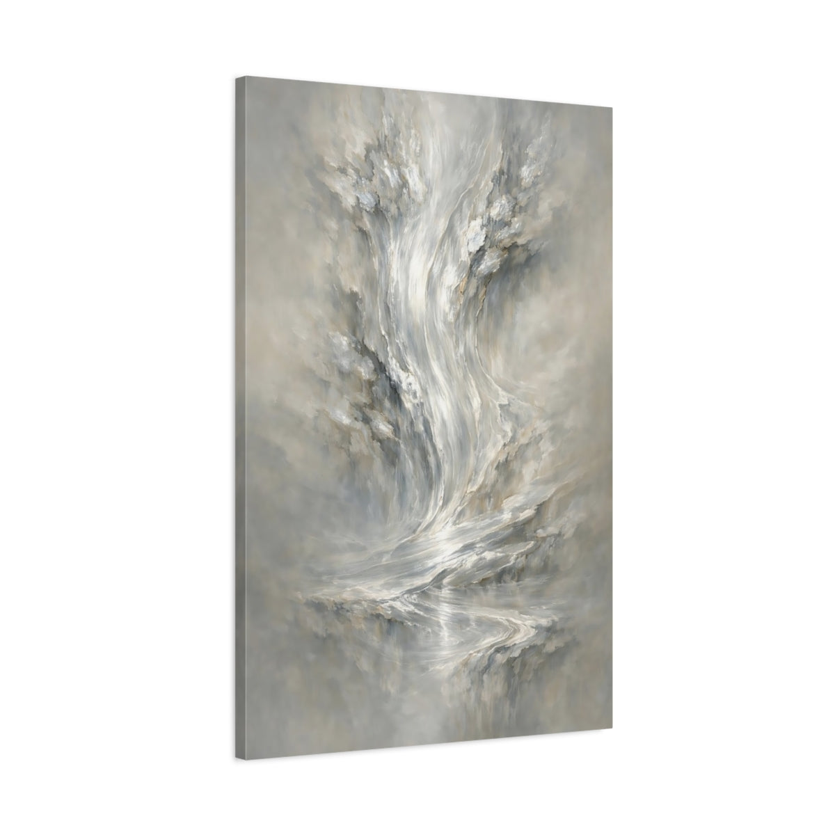 Side Mockup 1. Abstract Abstract Flow Grey And White Abstract shown as stretched canvas wall art