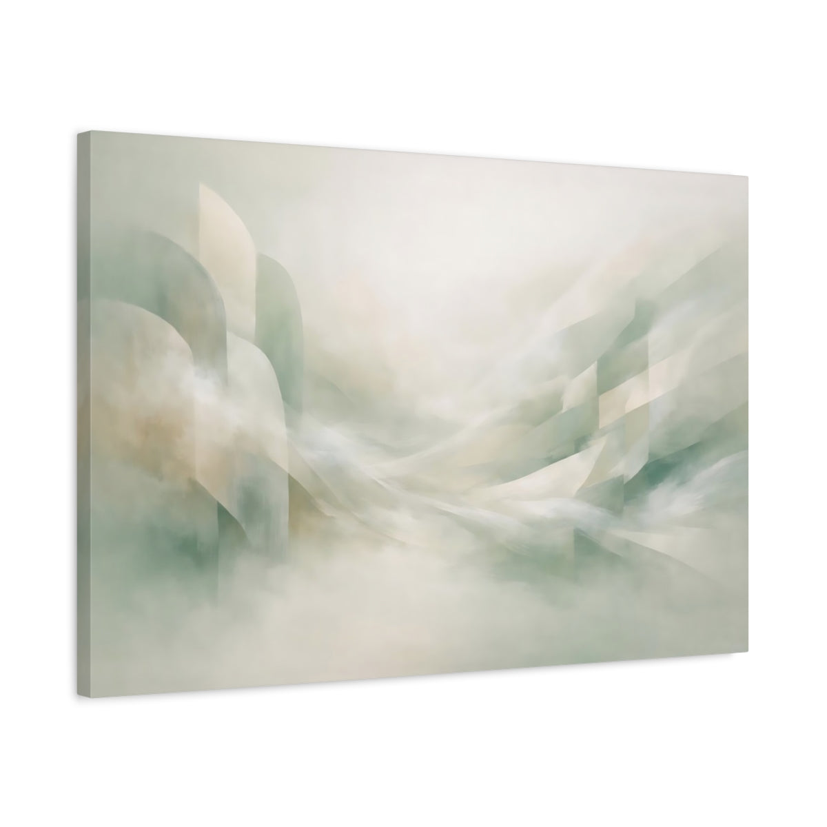 Side Mockup 2. Abstract Abstract Flow Muted Green Beige Abstract shown as stretched canvas wall art