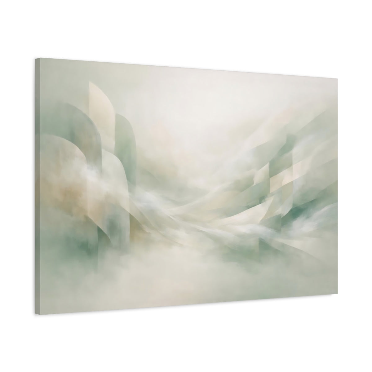Side Mockup 1. Abstract Abstract Flow Muted Green Beige Abstract shown as stretched canvas wall art