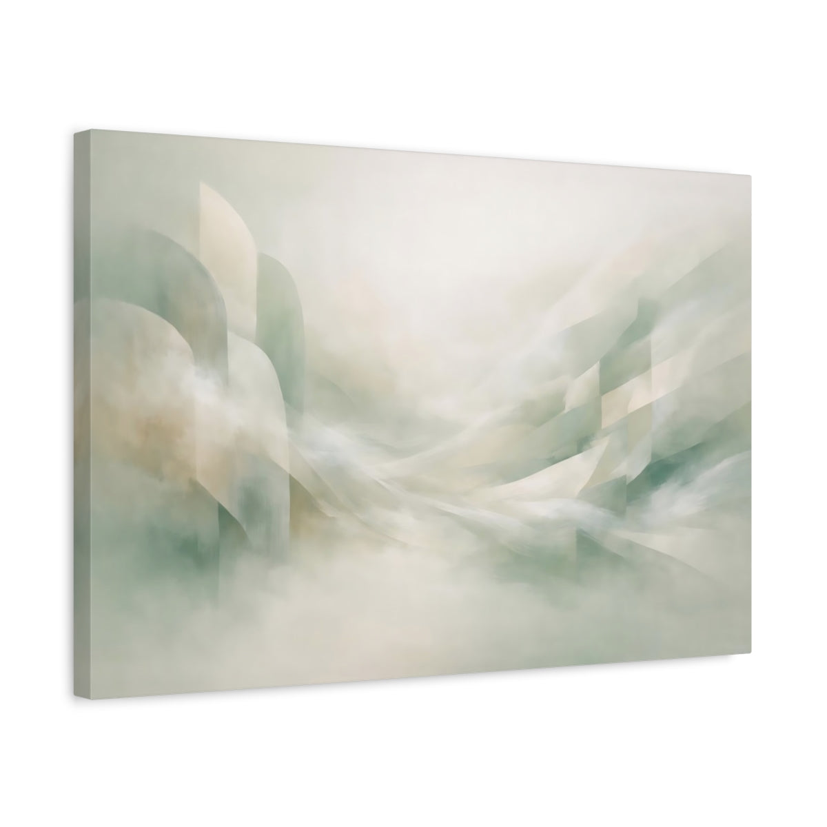 Side Mockup 3. Abstract Abstract Flow Muted Green Beige Abstract shown as stretched canvas wall art