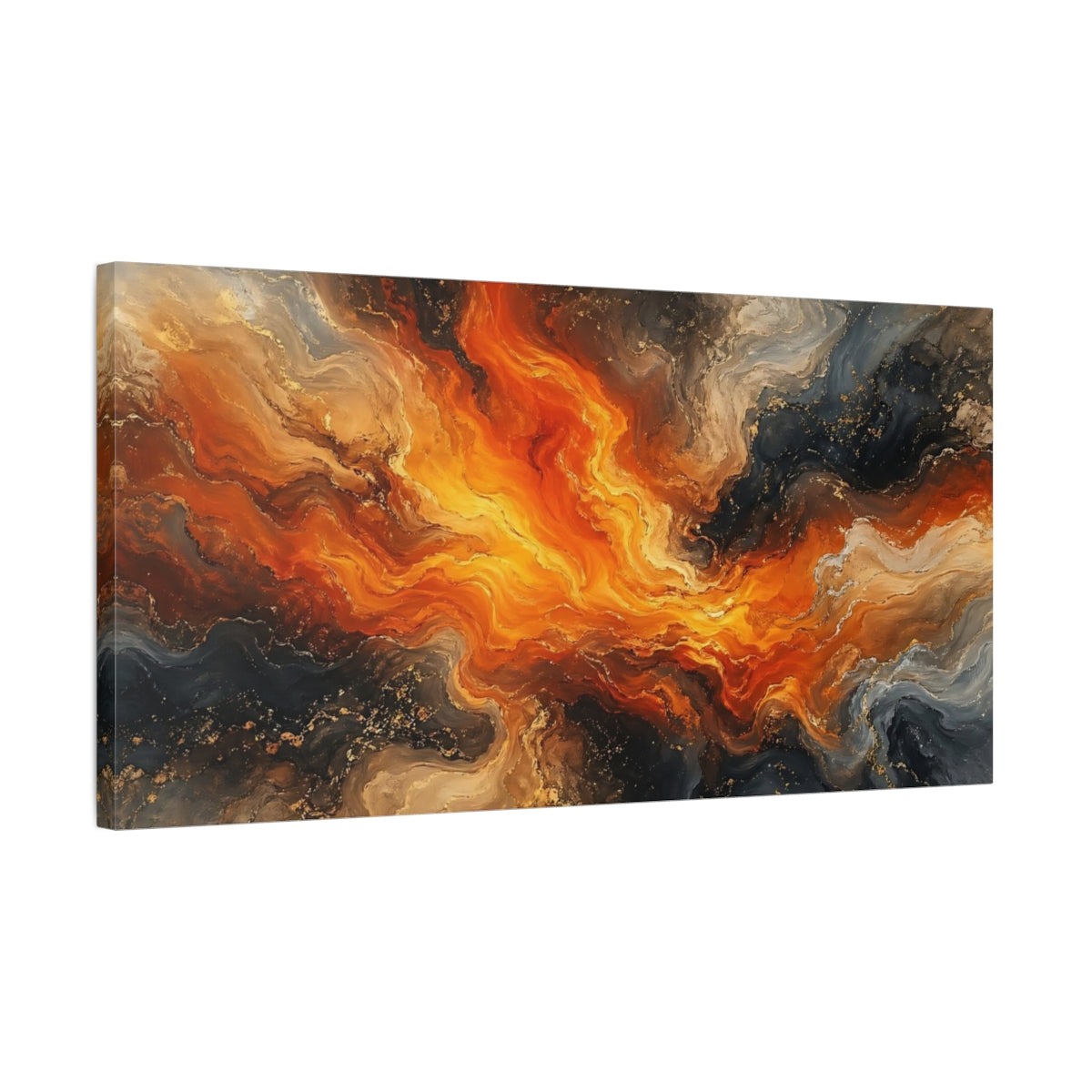 Side Mockup 1. Abstract Abstract Flow Orange Gold Abstract shown as stretched canvas wall art