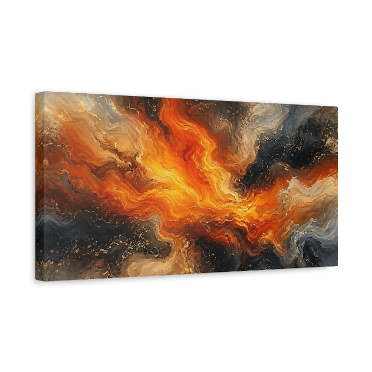 Side Mockup 3. Abstract Abstract Flow Orange Gold Abstract shown as stretched canvas wall art