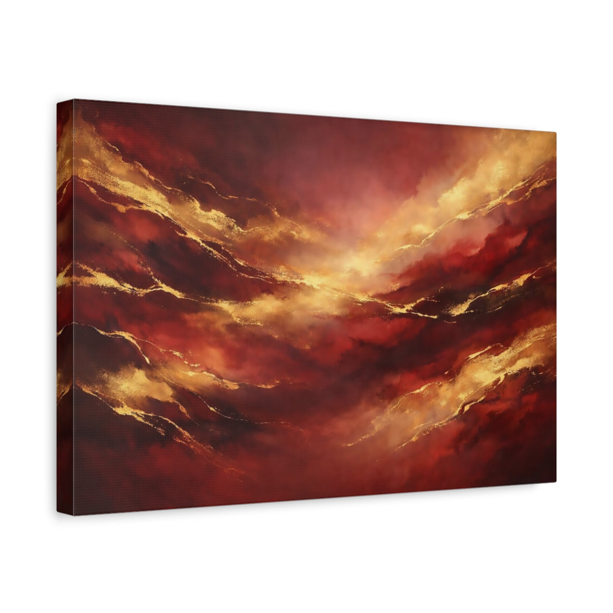Side Mockup 4. Abstract Abstract Flow Red Gold Abstract shown as stretched canvas wall art