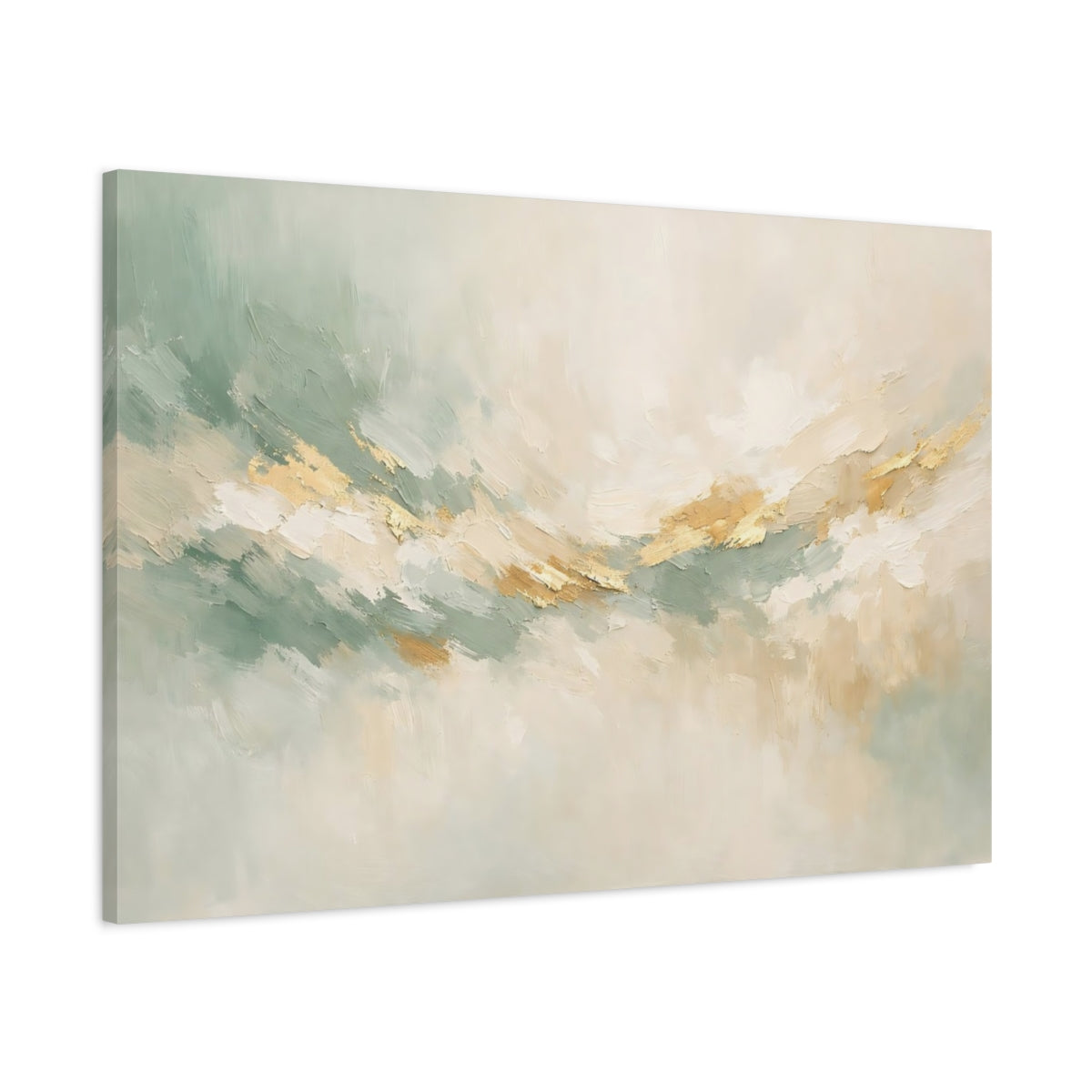 Side Mockup 1. Abstract Abstract Flow Sage Gold Abstract shown as stretched canvas wall art