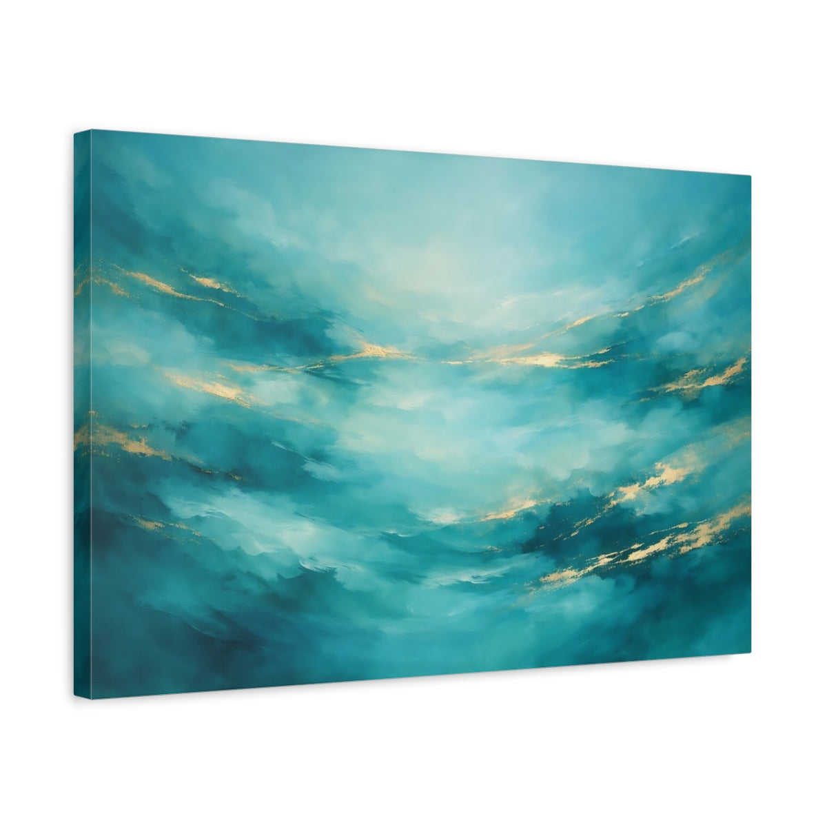Side Mockup 3. Abstract Abstract Flow Teal And Gold Abstract shown as stretched canvas wall art