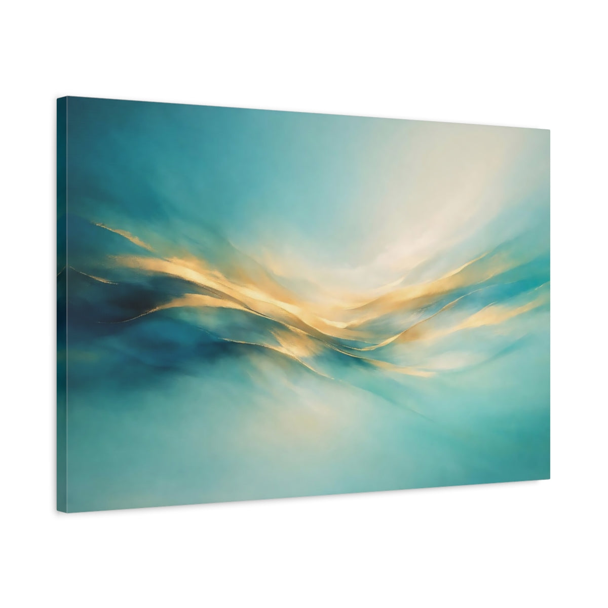 Side Mockup 2. Abstract Abstract Flow Teal And Gold shown as stretched canvas wall art