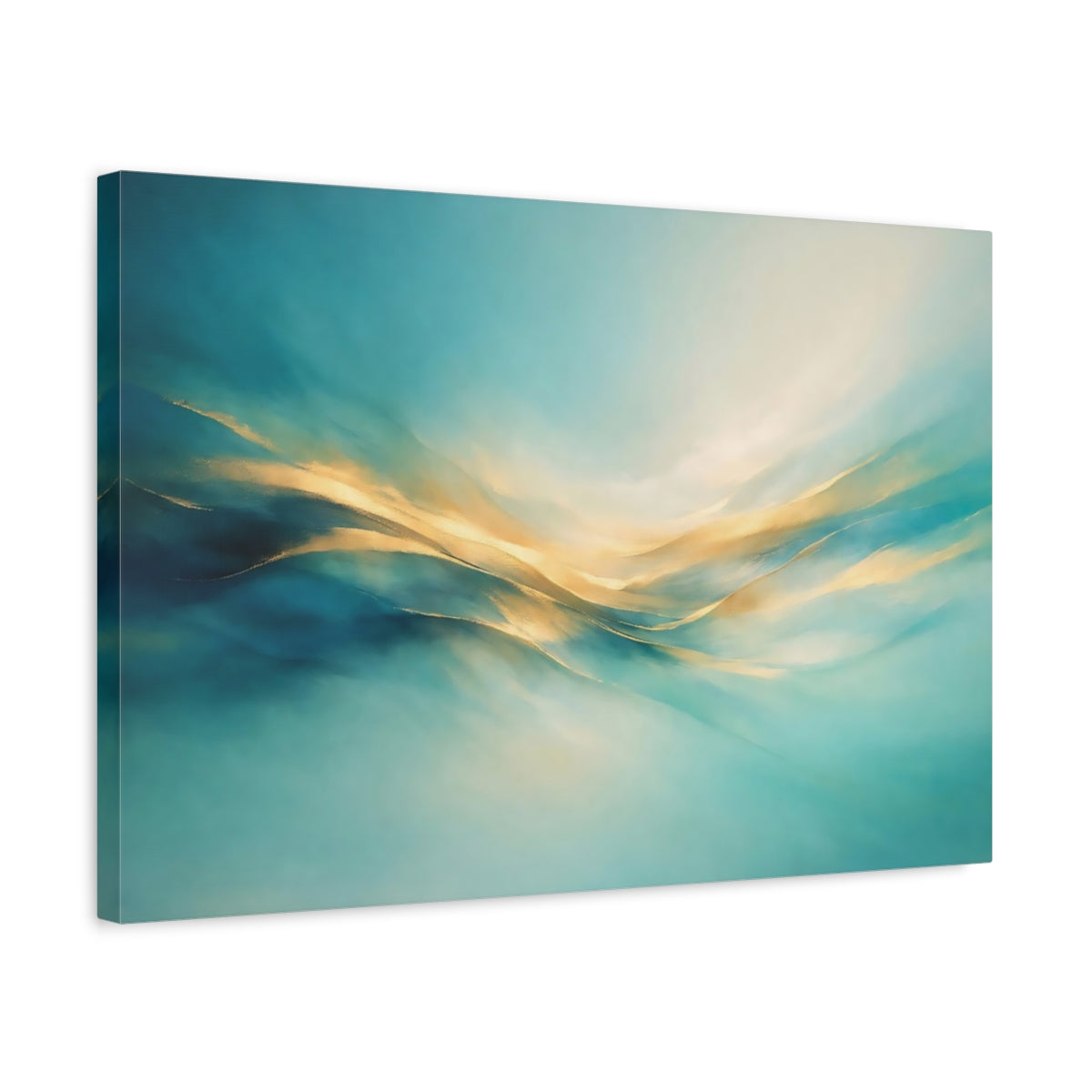 Side Mockup 3. Abstract Abstract Flow Teal And Gold shown as stretched canvas wall art