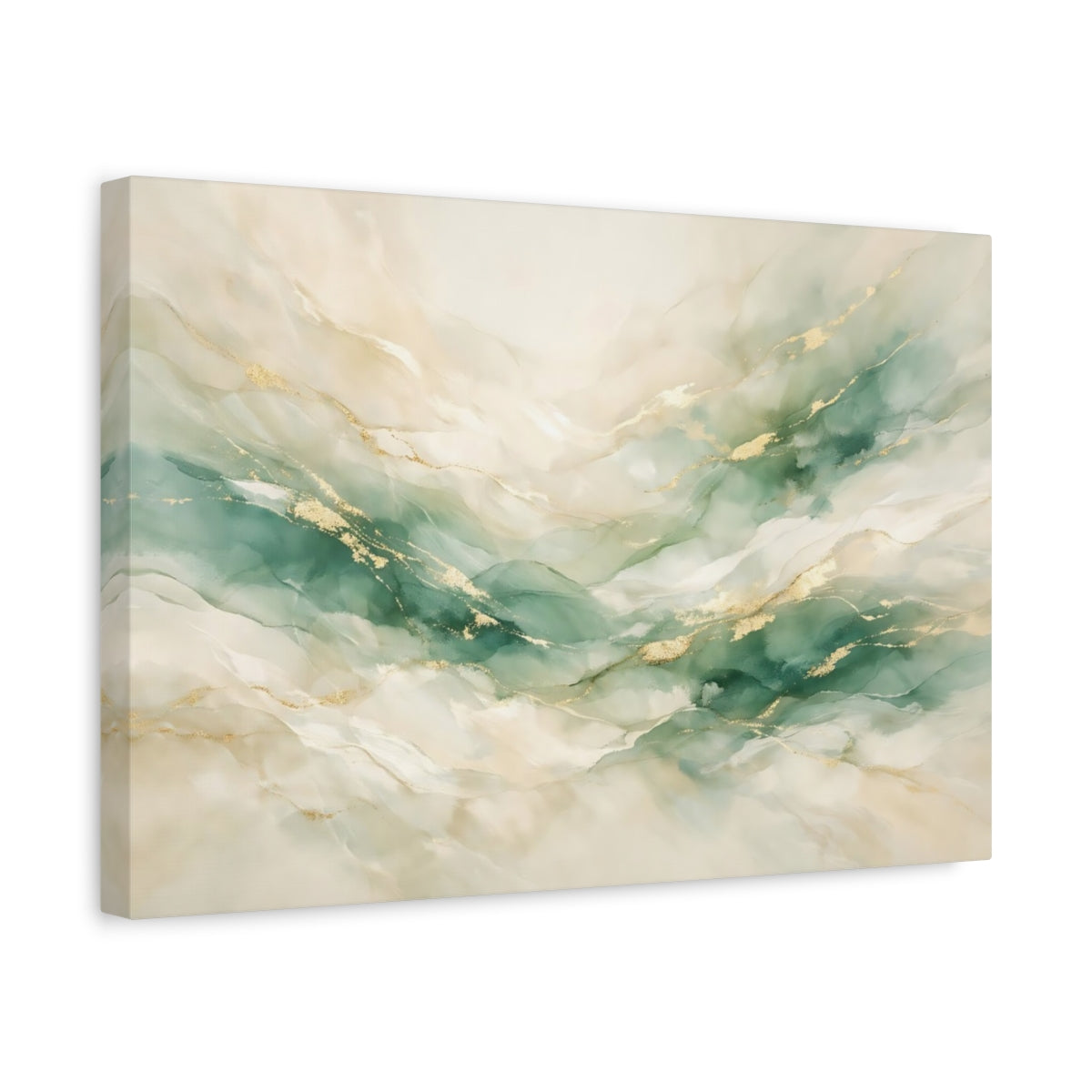 Side Mockup 4. Abstract Abstract Flow Teal And Gold shown as stretched canvas wall art