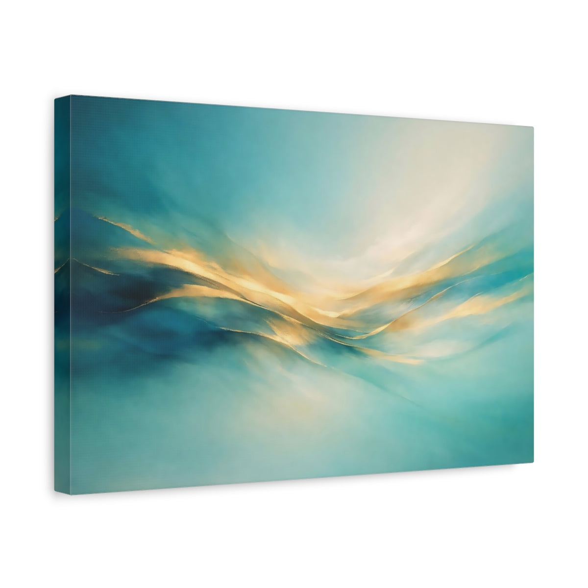 Side Mockup 4. Abstract Abstract Flow Teal And Gold shown as stretched canvas wall art