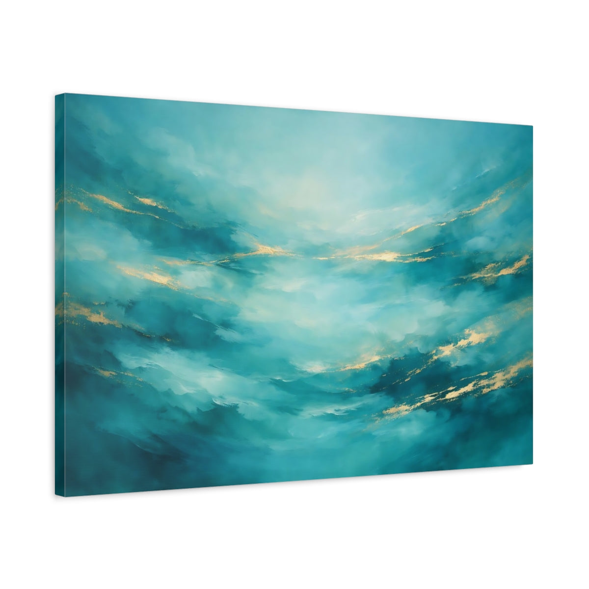 Side Mockup 2. Abstract Abstract Flow Teal And Gold Abstract shown as stretched canvas wall art