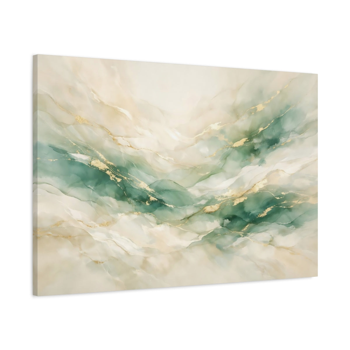Side Mockup 1. Abstract Abstract Flow Teal And Gold shown as stretched canvas wall art