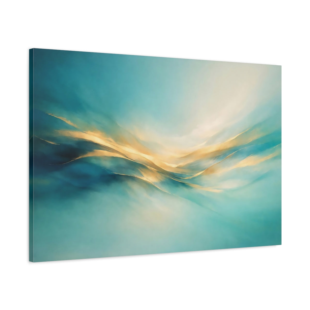 Side Mockup 1. Abstract Abstract Flow Teal And Gold shown as stretched canvas wall art