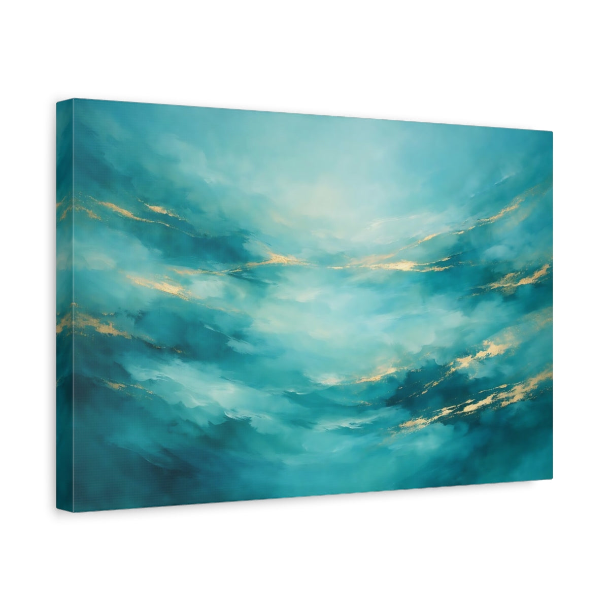 Side Mockup 4. Abstract Abstract Flow Teal And Gold Abstract shown as stretched canvas wall art