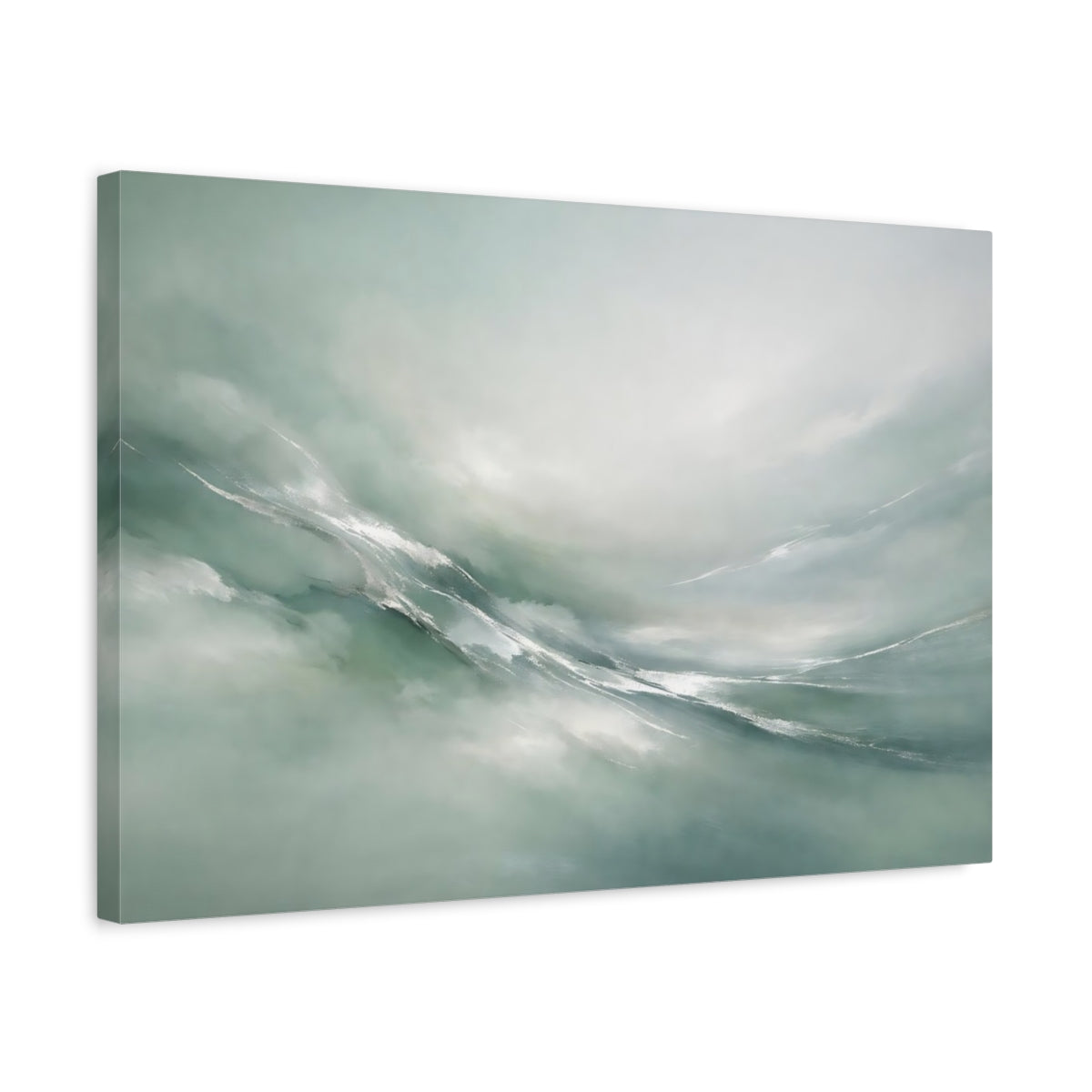 Side Mockup 3. Abstract Abstract Flow Teal And Silver shown as stretched canvas wall art
