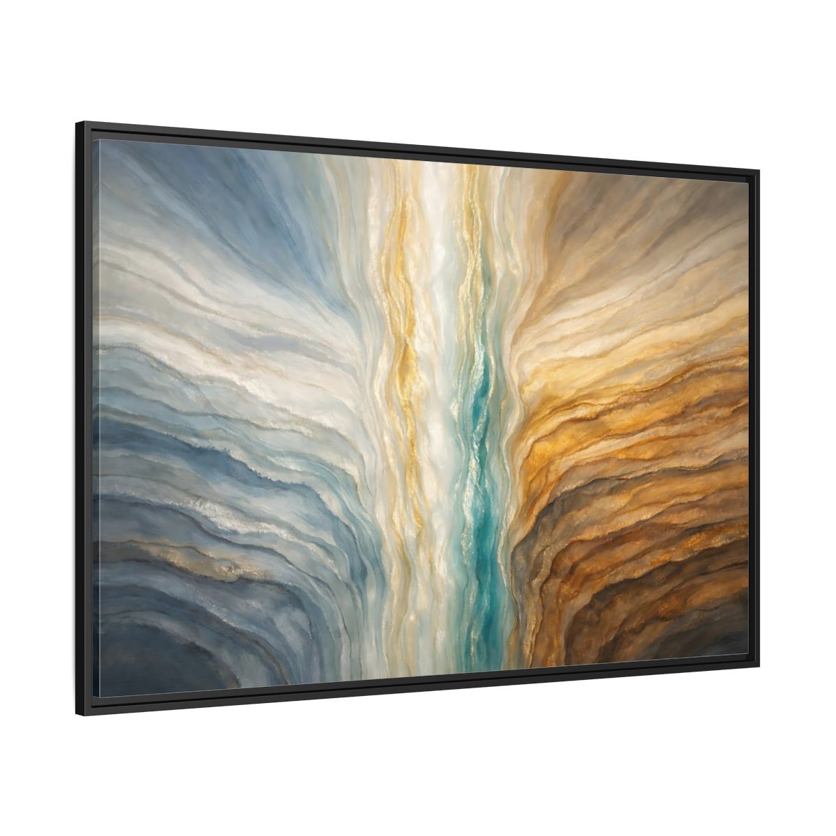 Side Mockup 12. Abstract Abstract Flow Teal Gold Flow shown as stretched canvas wall art