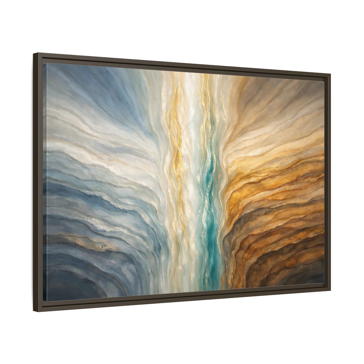 Side Mockup 9. Abstract Abstract Flow Teal Gold Flow shown as stretched canvas wall art