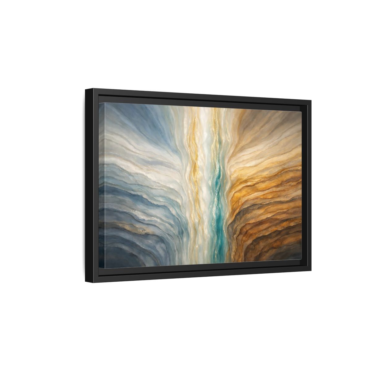 Side Mockup 6. Abstract Abstract Flow Teal Gold Flow shown as stretched canvas wall art