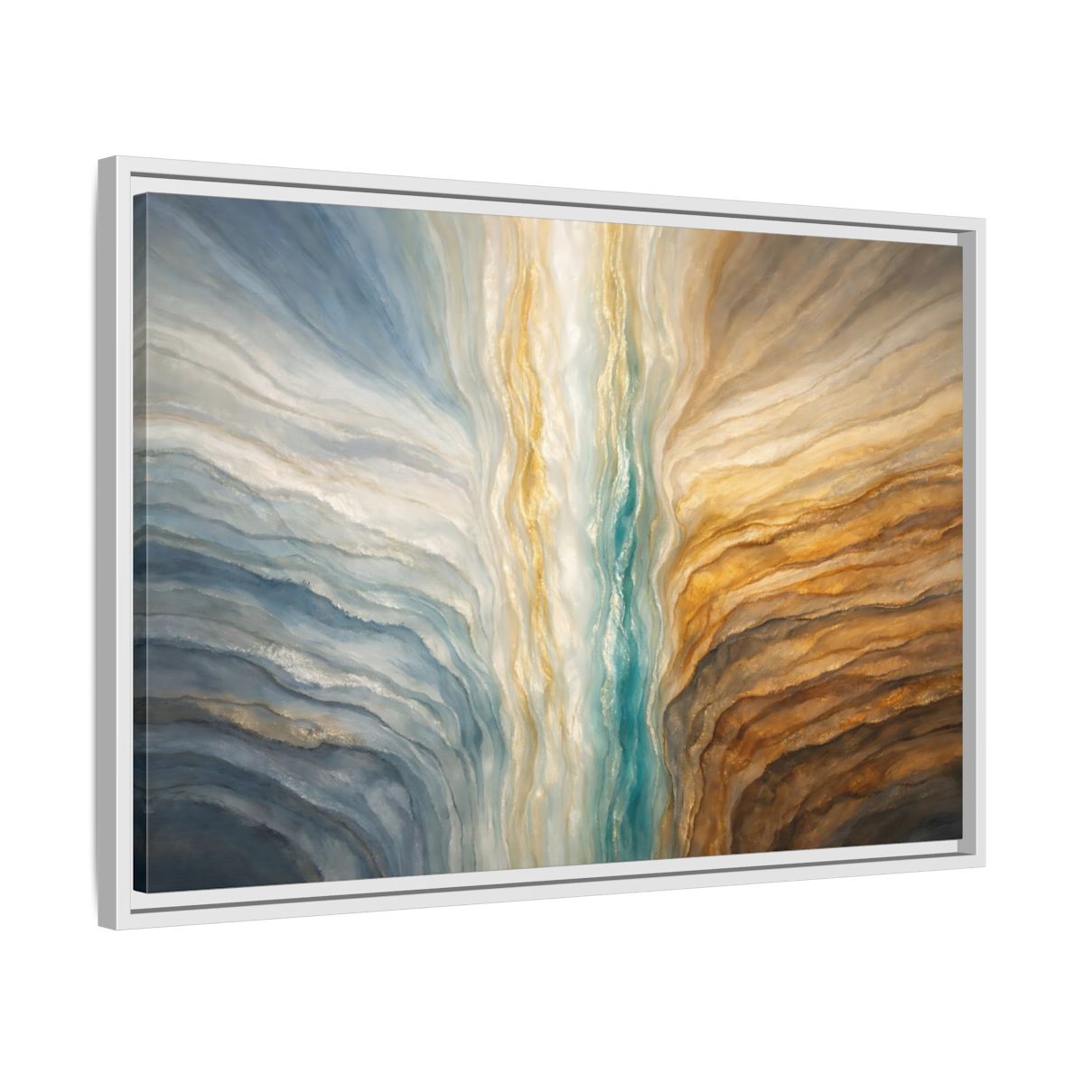 Side Mockup 10. Abstract Abstract Flow Teal Gold Flow shown as stretched canvas wall art