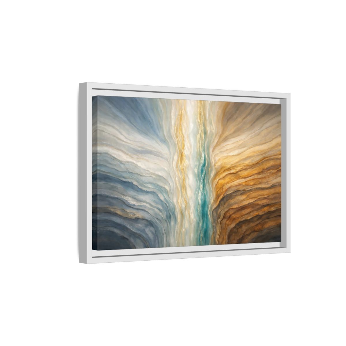Side Mockup 4. Abstract Abstract Flow Teal Gold Flow shown as stretched canvas wall art