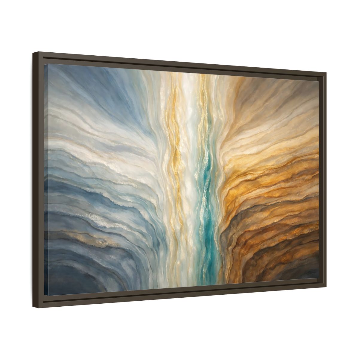Side Mockup 11. Abstract Abstract Flow Teal Gold Flow shown as stretched canvas wall art