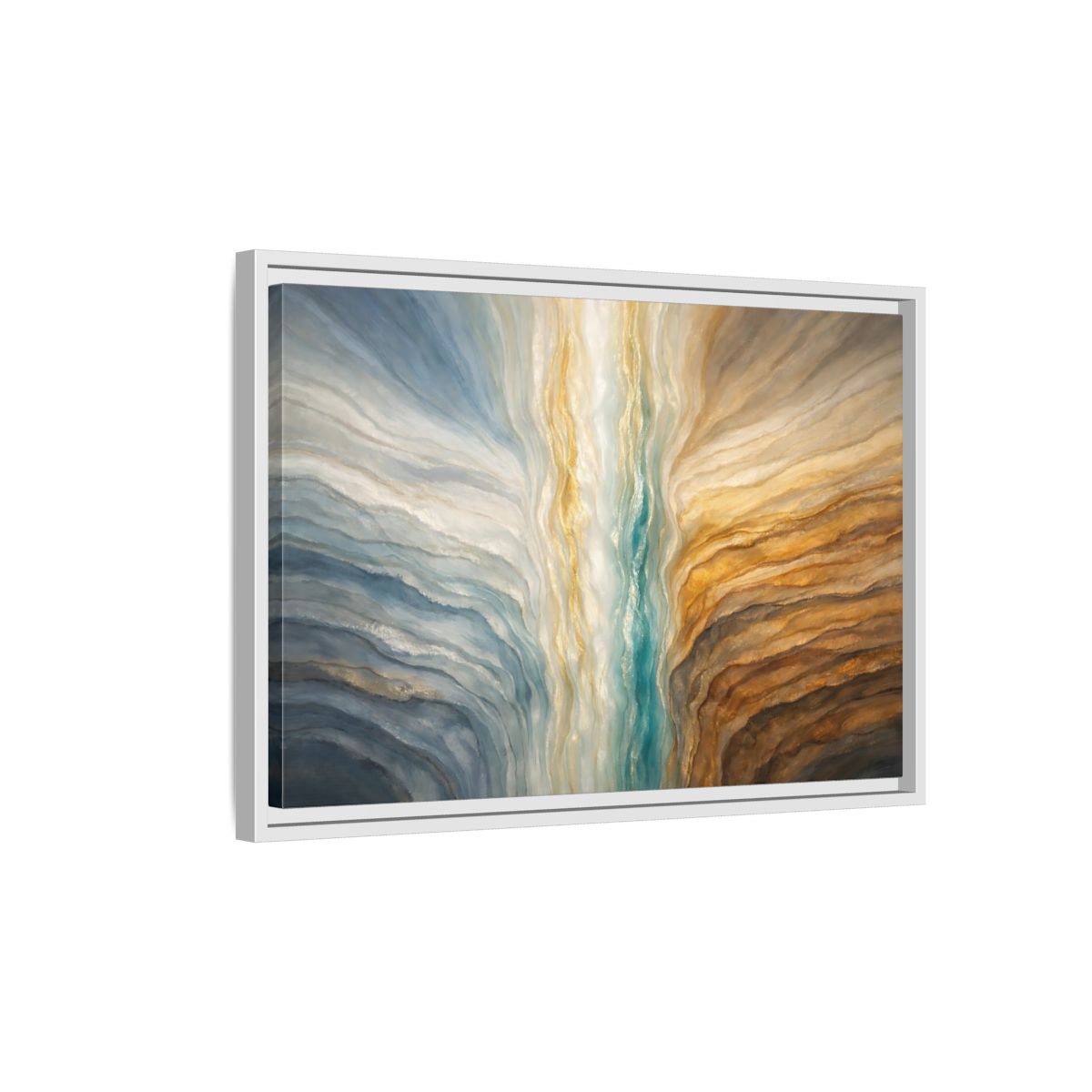 Side Mockup 1. Abstract Abstract Flow Teal Gold Flow shown as stretched canvas wall art