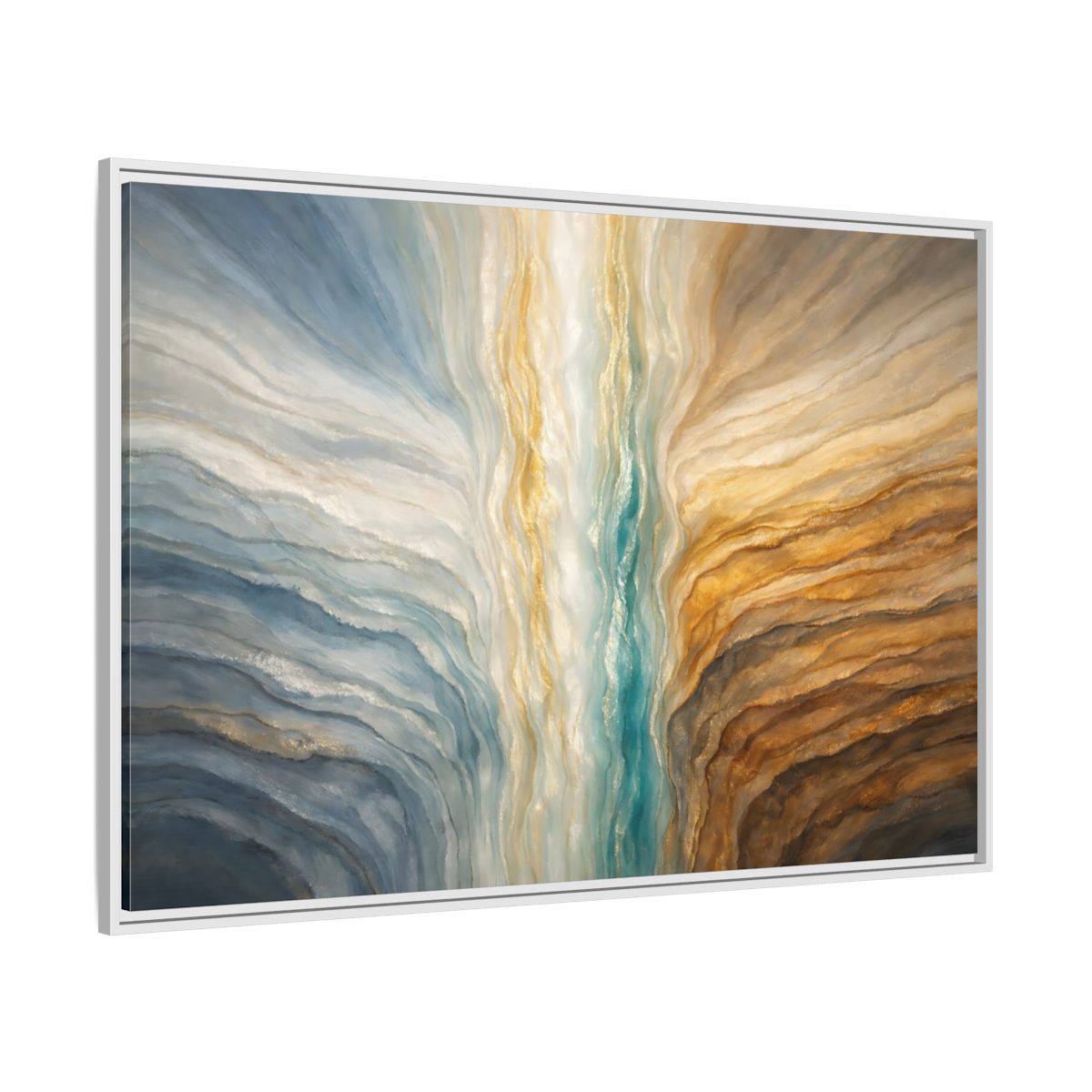 Side Mockup 7. Abstract Abstract Flow Teal Gold Flow shown as stretched canvas wall art