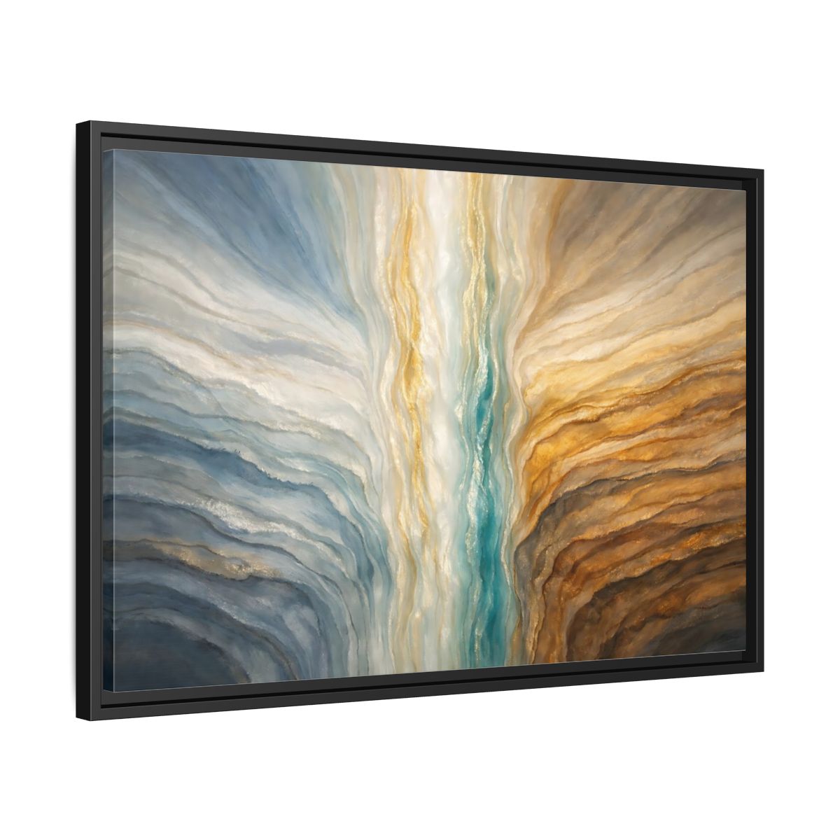 Side Mockup 14. Abstract Abstract Flow Teal Gold Flow shown as stretched canvas wall art