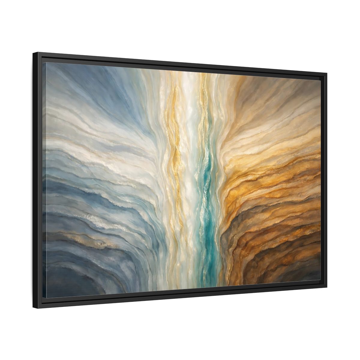 Side Mockup 13. Abstract Abstract Flow Teal Gold Flow shown as stretched canvas wall art