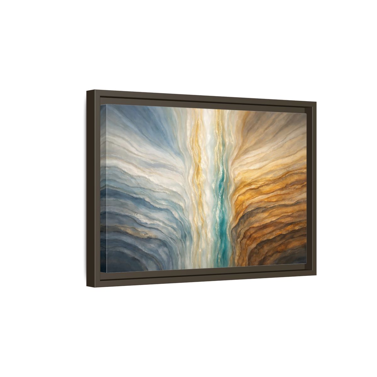 Side Mockup 5. Abstract Abstract Flow Teal Gold Flow shown as stretched canvas wall art