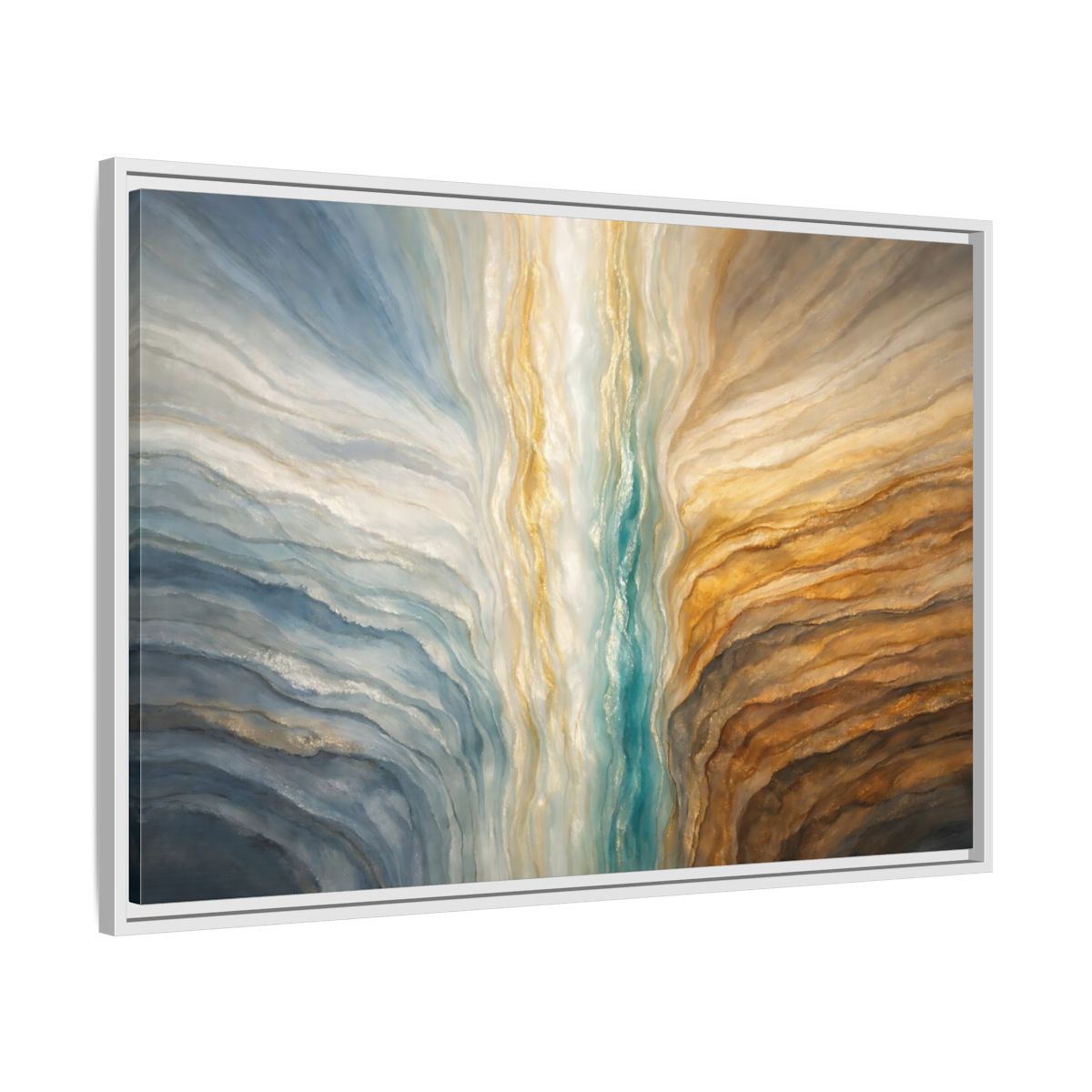 Side Mockup 8. Abstract Abstract Flow Teal Gold Flow shown as stretched canvas wall art