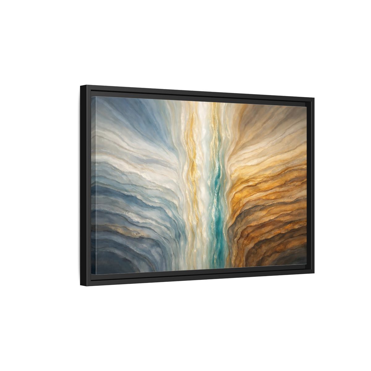 Side Mockup 3. Abstract Abstract Flow Teal Gold Flow shown as stretched canvas wall art