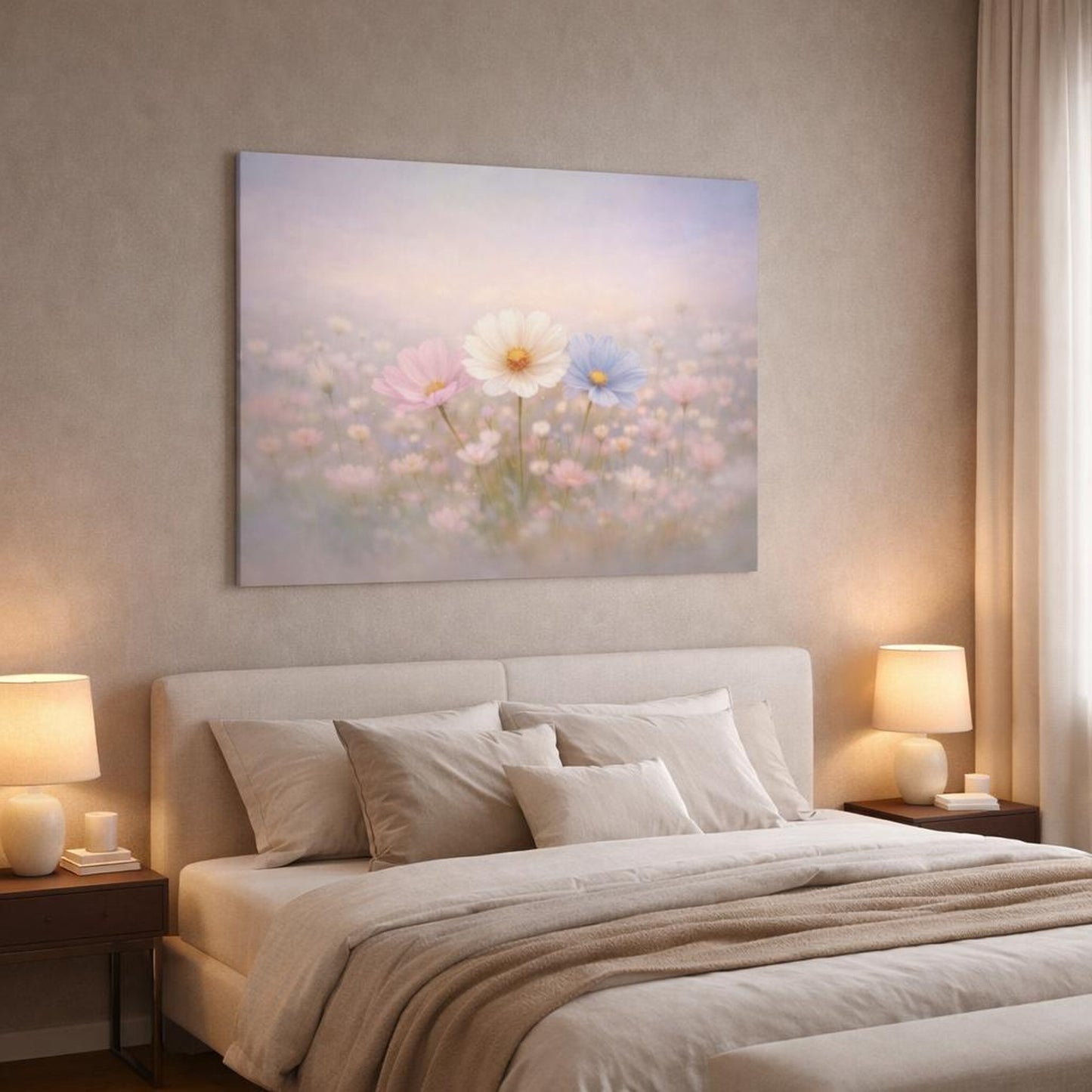Abstract Flowers Dreamy shown as canvas wall art in a luxury bedroom