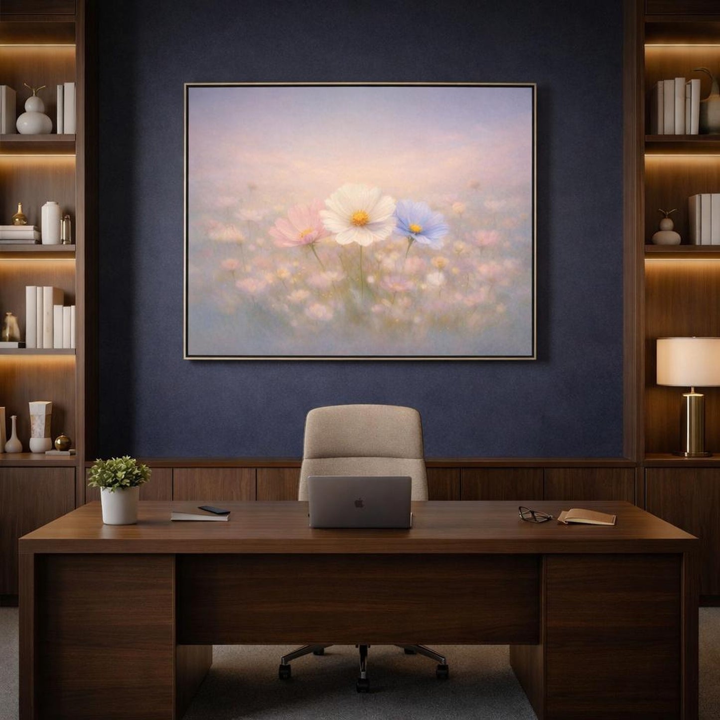 Abstract Flowers Dreamy shown as canvas wall art in a luxury executive office