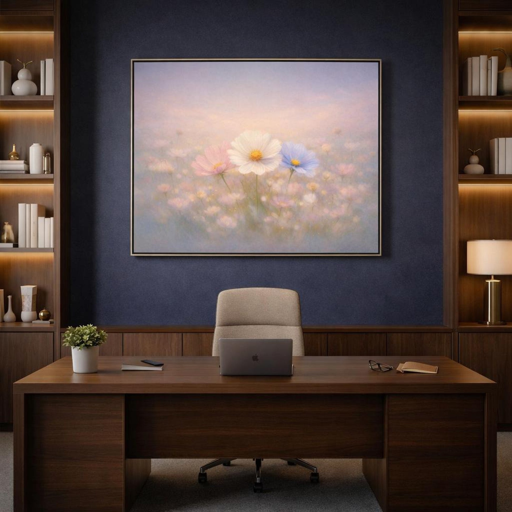 Abstract Flowers Dreamy shown as canvas wall art in a luxury executive office