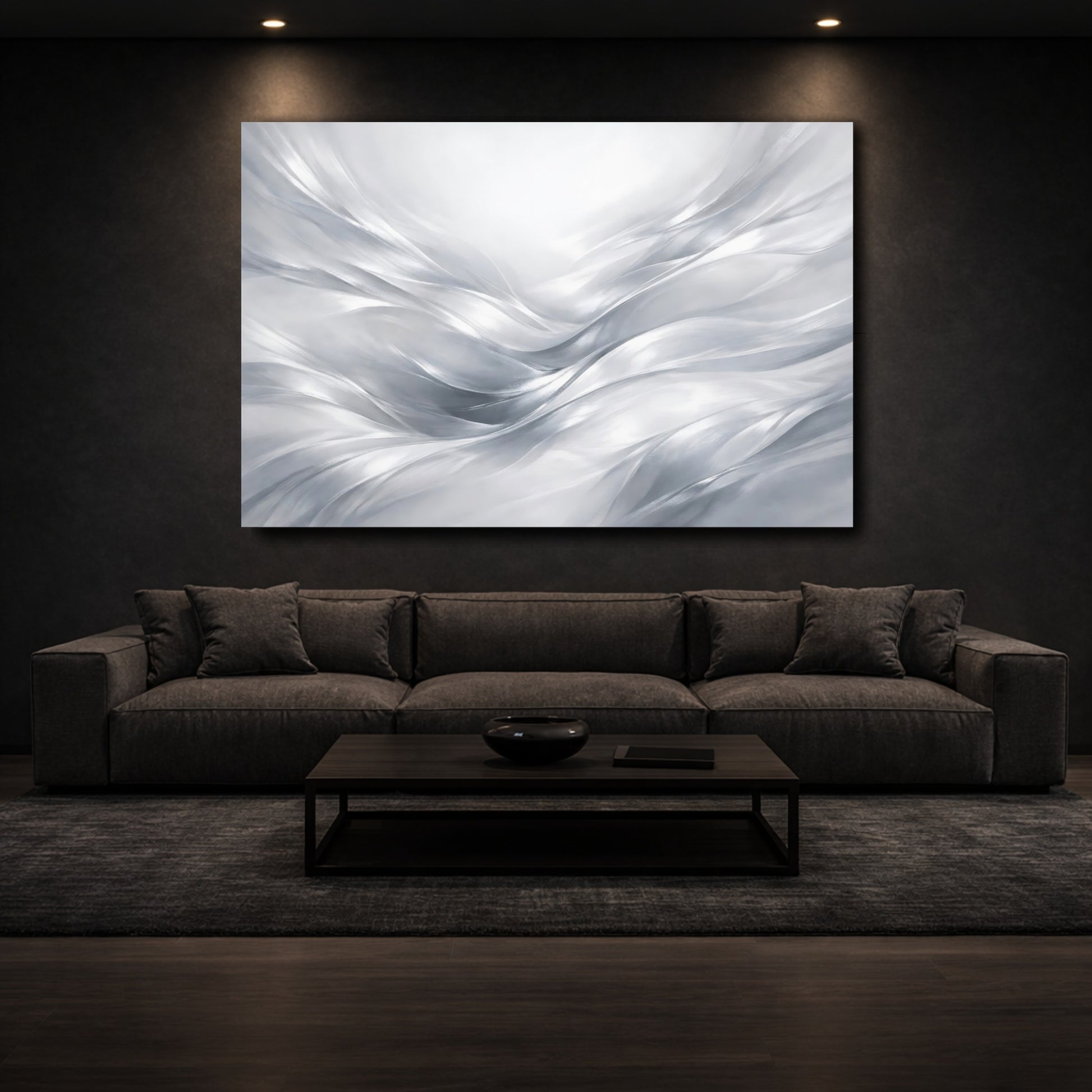 Mockup 2. Abstract Flowing Abstract Silver Abstract shown as stretched canvas wall art