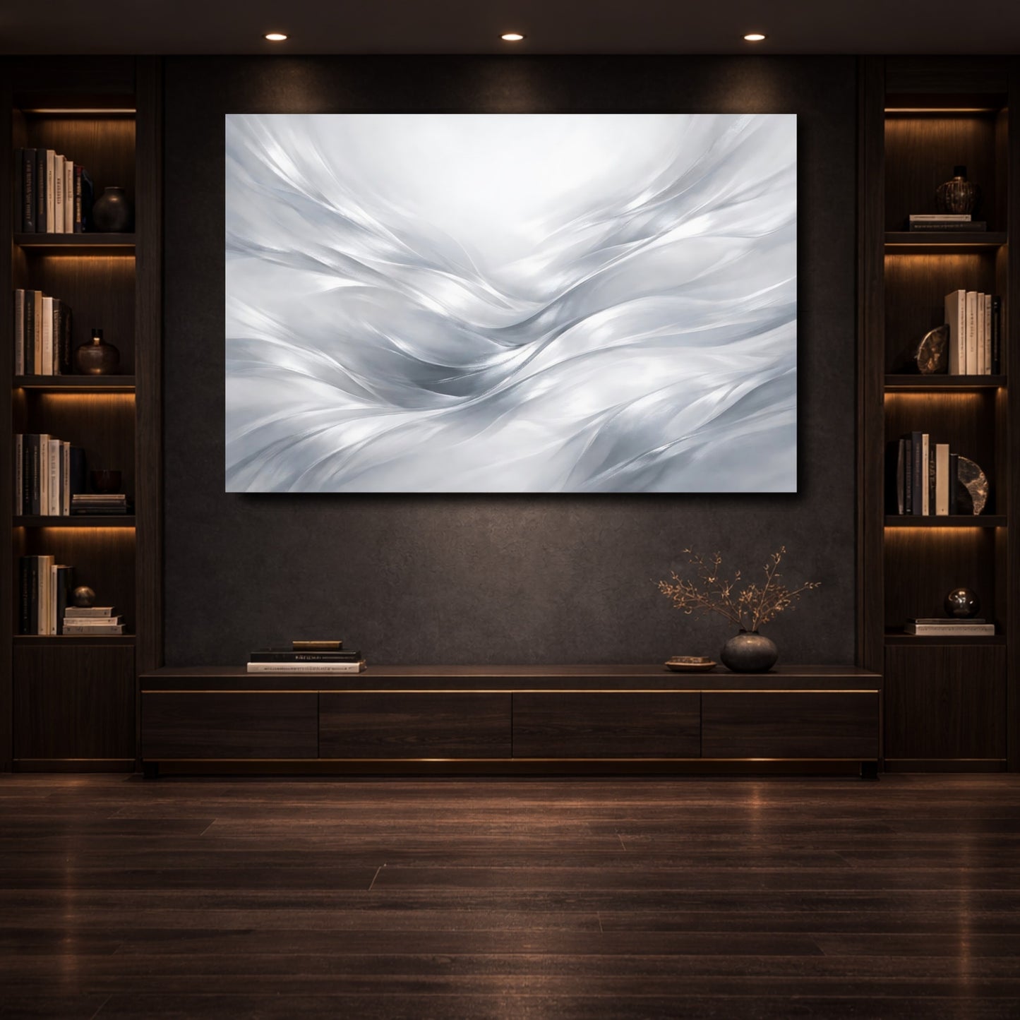 Mockup 3. Abstract Flowing Abstract Silver Abstract shown as stretched canvas wall art