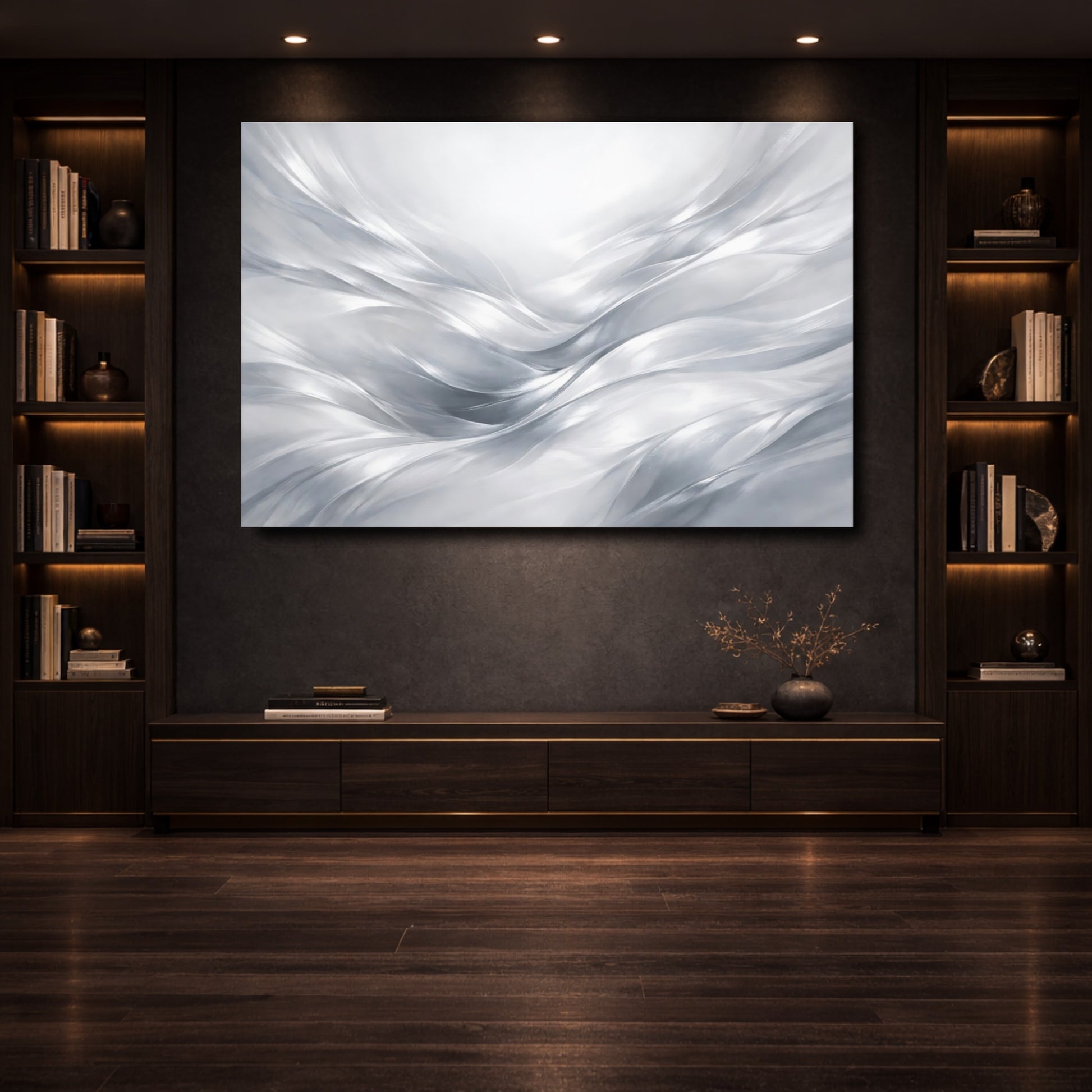 Mockup 3. Abstract Flowing Abstract Silver Abstract shown as stretched canvas wall art