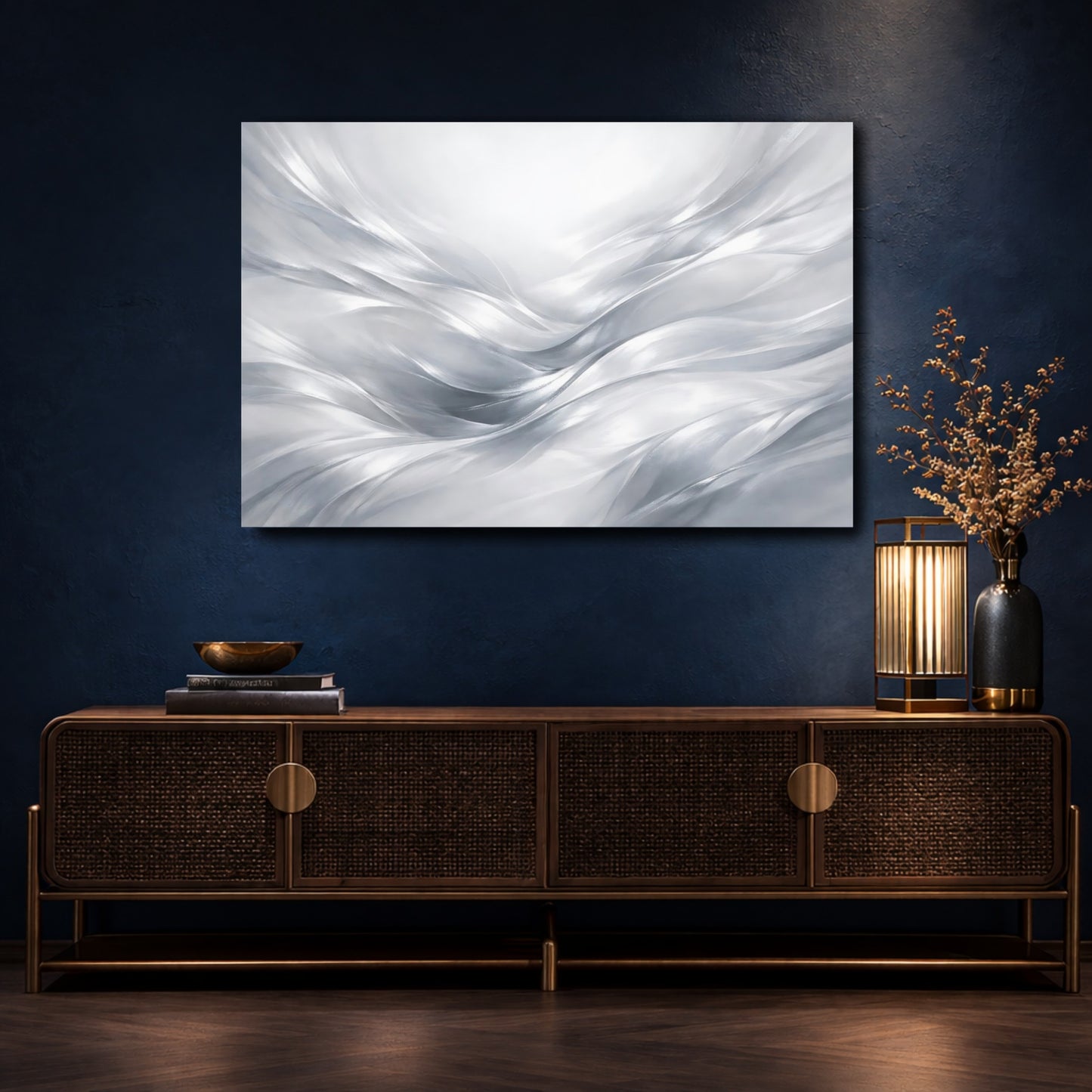 Mockup 4. Abstract Flowing Abstract Silver Abstract shown as stretched canvas wall art