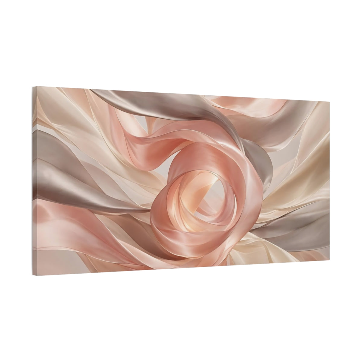 Main Mockup. Abstract Flowing Fabric Blush And Tan shown as stretched canvas wall art