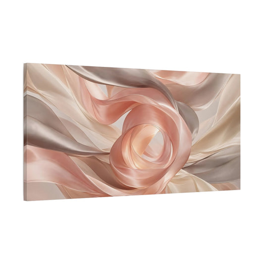 Main Mockup. Abstract Flowing Fabric Blush And Tan shown as stretched canvas wall art