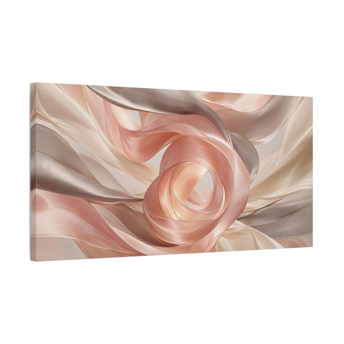 Side Mockup 1. Abstract Flowing Fabric Blush And Tan shown as stretched canvas wall art