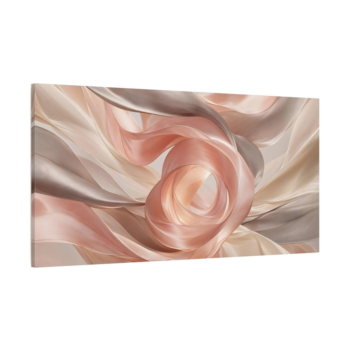 Side Mockup 2. Abstract Flowing Fabric Blush And Tan shown as stretched canvas wall art