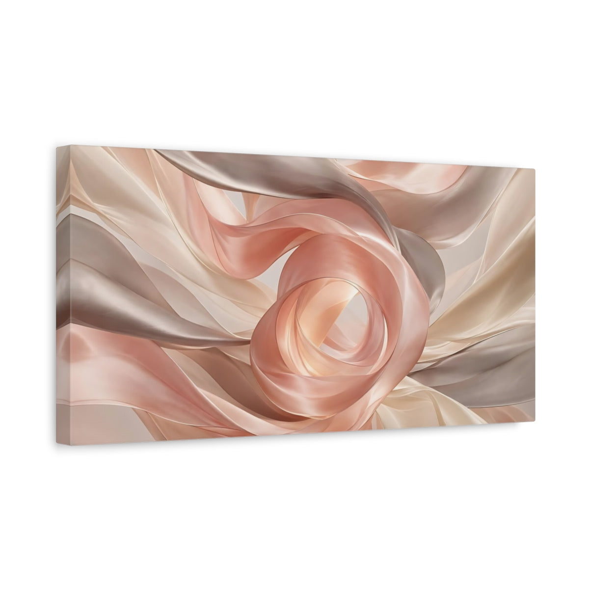 Side Mockup 3. Abstract Flowing Fabric Blush And Tan shown as stretched canvas wall art